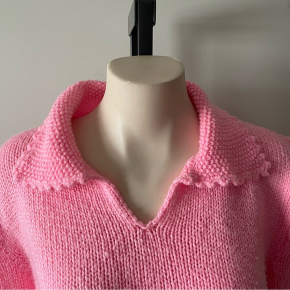 Handmade Vintage Bubblegum Pink Knit Polo Sweater Puff Sleeve Retro Size XL - Picture 7 of 7